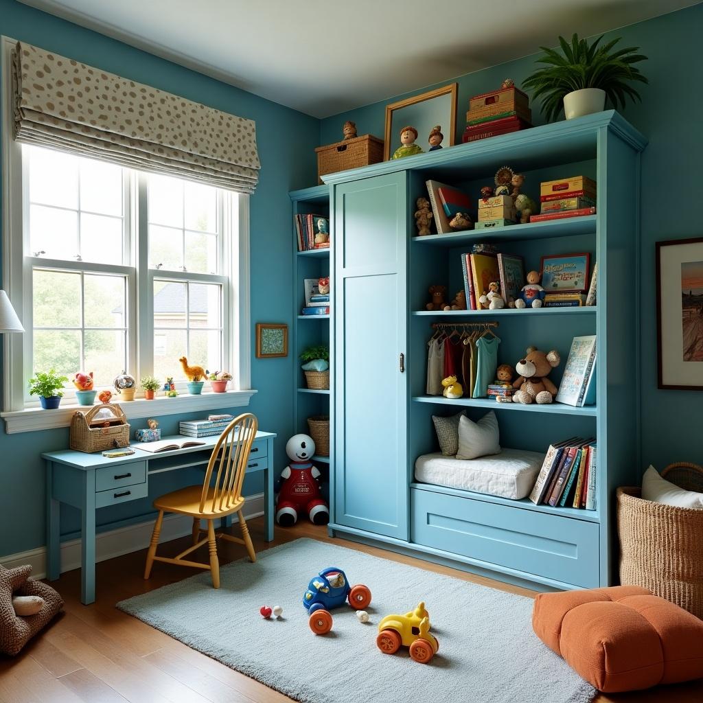 This image showcases a beautifully organized kids' room, primarily designed for a boy. The theme revolves around a vibrant turquoise blue color scheme, creating a fresh and playful atmosphere. The room features a cozy desk area and a cabinet filled with toys, books, and stuffed animals. There are also plush toys and a toy car, indicating the child's interests. Overall, the space is welcoming and well-curated, perfect for a child who loves toys and playtime.