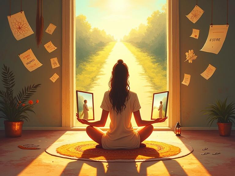 An introspective illustration of self-reflection. Woman seated cross-legged on a symbolic circular rug. Two mirrors held in her hands. One mirror shows vivid memories from the past. The other mirror reflects her future self. Room filled with floating journal pages displaying core values. A lantern with words like truth and wisdom nearby. A winding path through the window symbolizing her journey ahead.