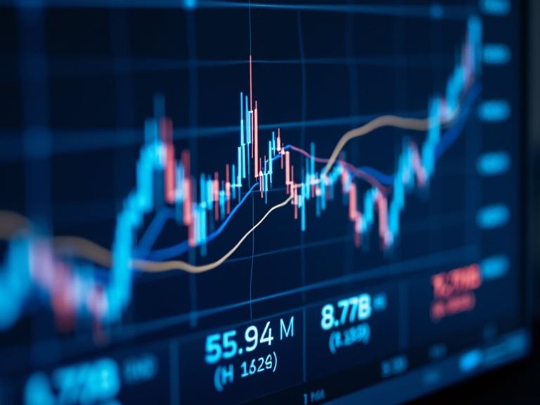 Detailed image of a financial market analysis scene. A digital screen shows a stock market chart with blue and white candlestick patterns and a smooth golden moving average line. The chart displays price points in red. The background is deep blue. Artificial lighting from the screen creates a professional atmosphere. A slightly tilted top-down camera angle captures the chart in medium shot. The screen texture is glossy, contrasting sharp lines of data. The mood conveys focus and intensity in financial trading. The chart is centered and detailed.