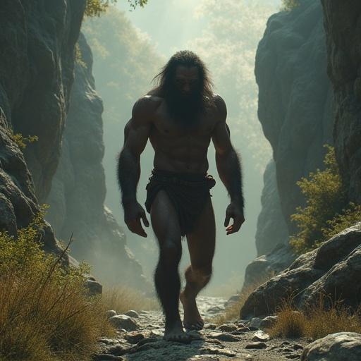 A hyper-realistic depiction of a Neanderthal man walking through a cinematic environment. The setting includes trees and rocks with soft natural light.