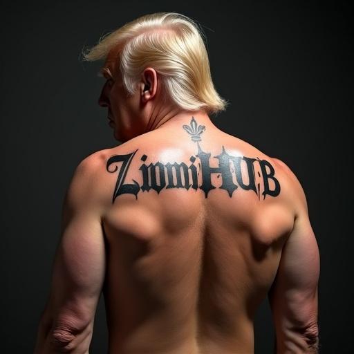 Ultra realistic representation of a muscular man with a tattoo on his back. The tattoo reads 'ZiominiHUB'. Back view shows defined muscles and highlights a unique artistic touch.