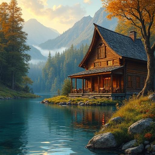 Wooden lakeside cabin with glowing foliage. Surrounded by still water. Scenic mountains in background. Oil and digital brushwork creates a fantasy realism style.