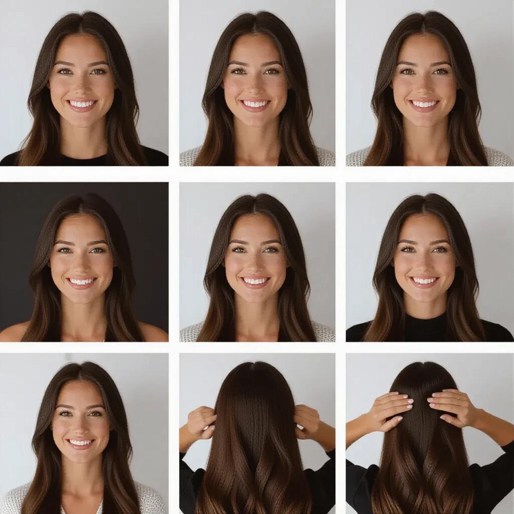 Showcase different hair styling techniques featuring straight hair. Present various angles and poses that highlight hair styling focus. Capture hair in a smooth and sleek manner without distractions.