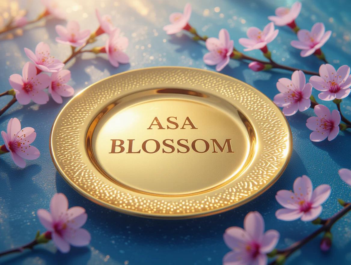 Shiny gold plate with ASA BLOSSOM text placed among pink cherry blossoms. Bright colors and soft background create a dreamy look.