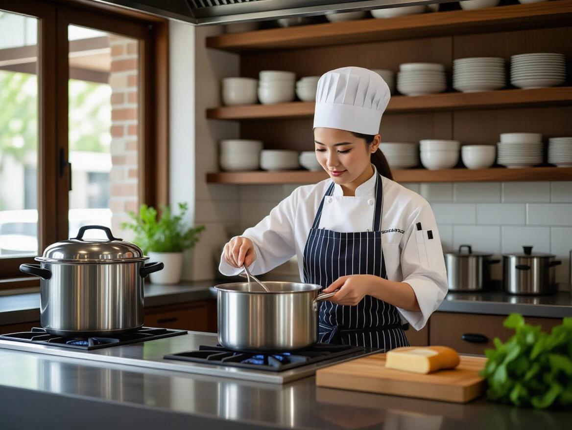 Professional kitchen scene. Asian woman chef in white coat with navy apron. Chef stirring large stainless steel pot on stovetop. Light-colored chef hat worn. Dark wooden cabinets and white ceramic plates in background. Silver pressure cooker on left. Rustic warm ambiance from natural light filtering through window. Dark stone countertops visible. Various kitchen utensils partially shown. Shot from side angle to capture chef's focused expression.