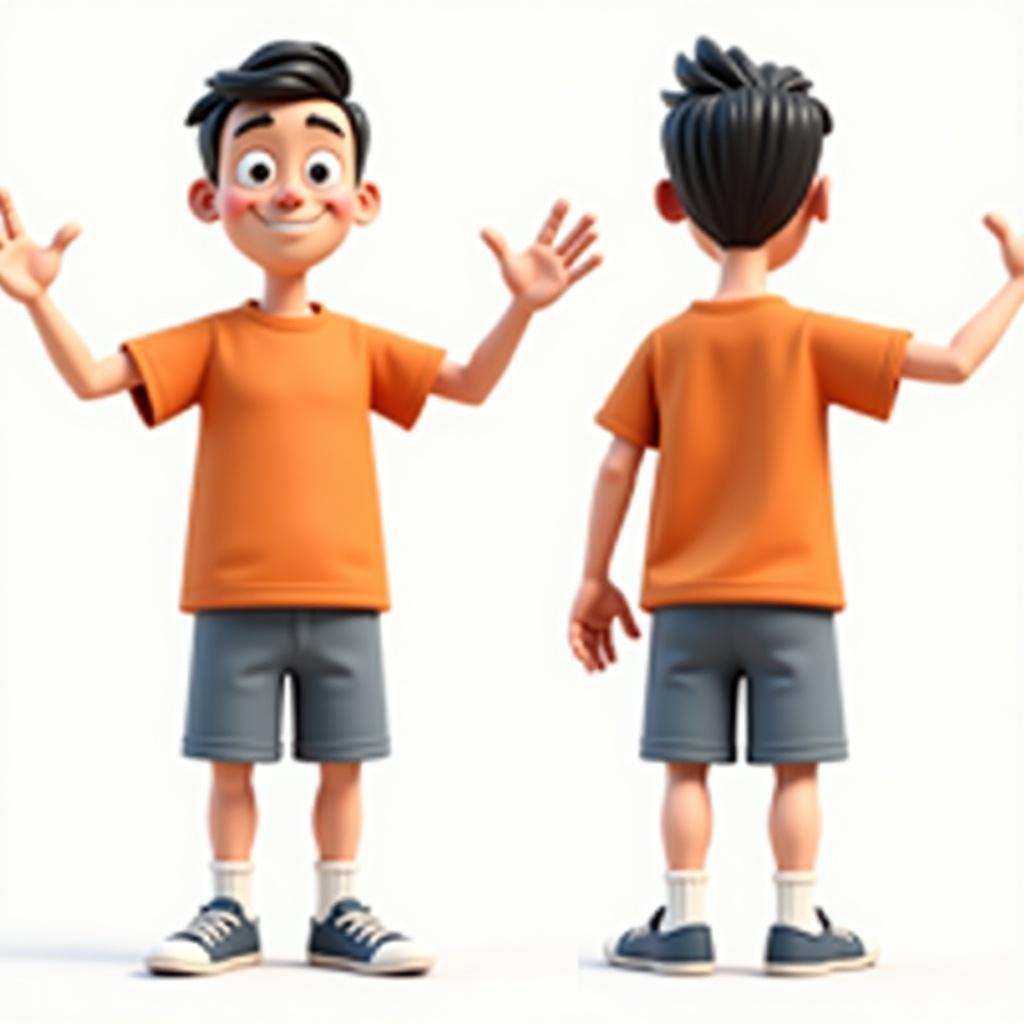 Male cartoon character in T-pose with open arms. Character has short black hair and wears an orange t-shirt with grey blue board shorts. 3D animation style with front and side views.