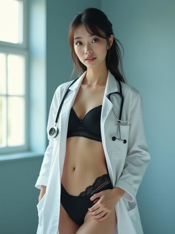 Professional Chinese female doctor in a white coat. She wears black lingerie and lace stockings. The gentle light creates a soothing atmosphere. The full body is captured from an ultra low angle.