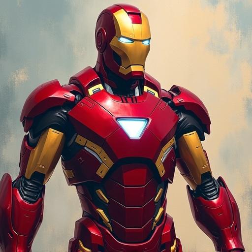 Digital painting of Iron Man in a dynamic pose. Armor is highly detailed with glossy finish. Background evokes a dramatic atmosphere. Emphasis on character's iconic colors and design.