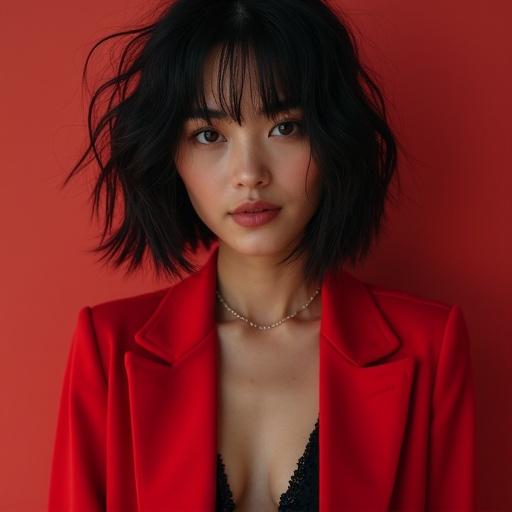Fair skin female model poses with black hair. Wears red blazer over black top. Background is solid red. Hair styled in loose waves. Emphasizes modern fashion.