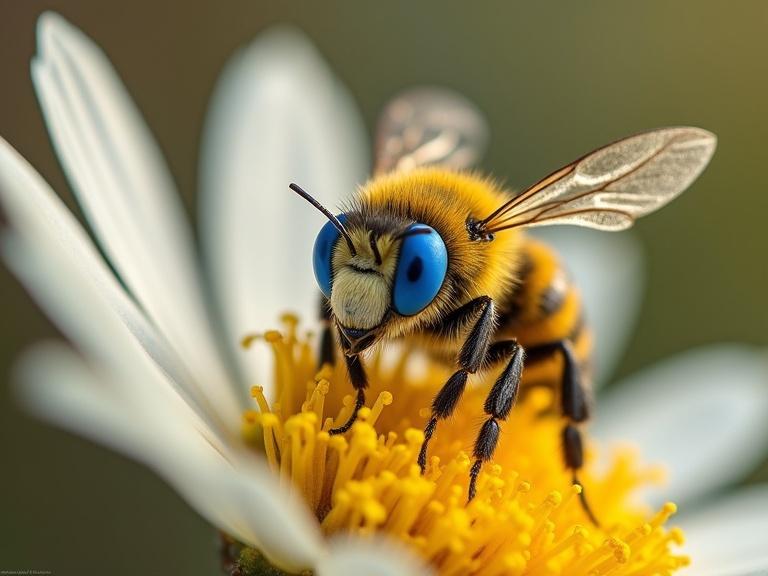 A close-up portrait of a blue-banded bee resting on a white flower. The bee has large blue eyes and intricate details. The background is softly blurred, emphasizing the beauty of nature. Warm, natural lighting highlights the vibrant colors of the bee and flower.