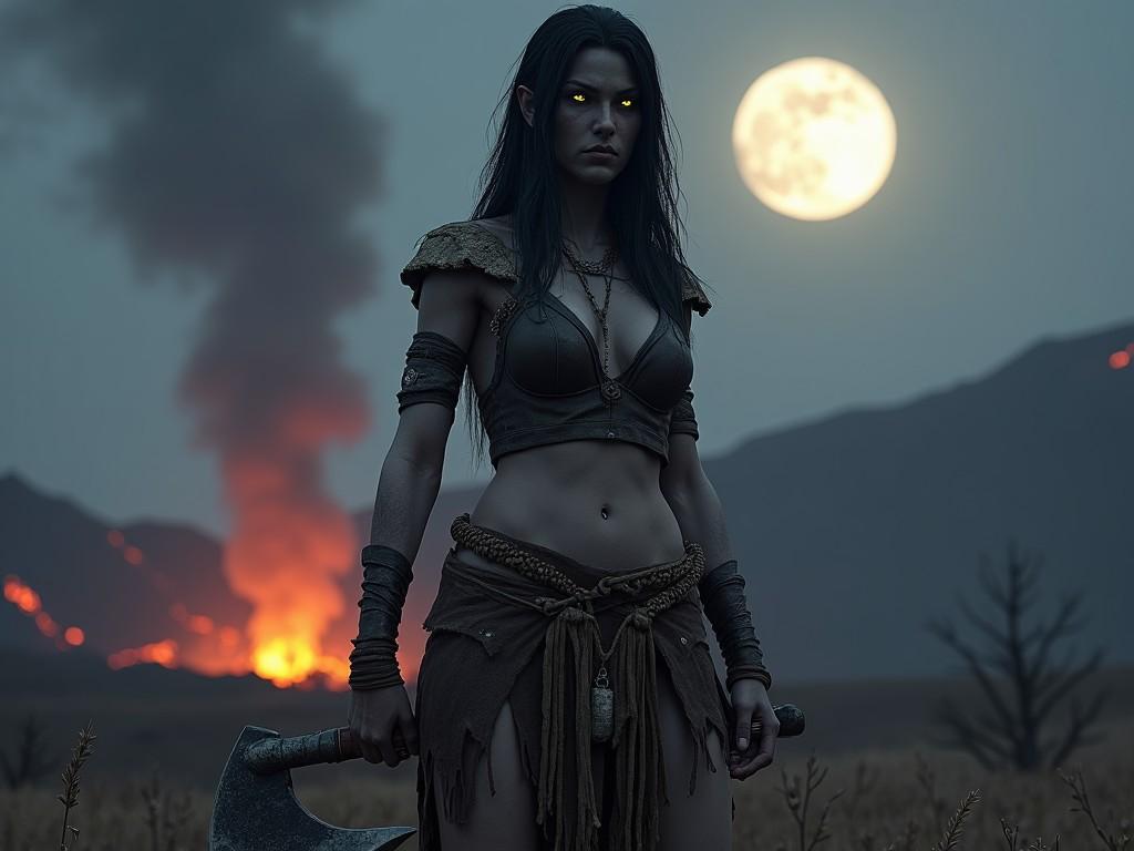 A fierce warrior stands confidently in a dramatic landscape. Her figure is highlighted by the eerie glow of a full moon. In the background, smoke and flames suggest a recent battle. Her attire is rugged, emphasizing her strength and resilience. The atmosphere is intense, evoking feelings of bravery and determination.