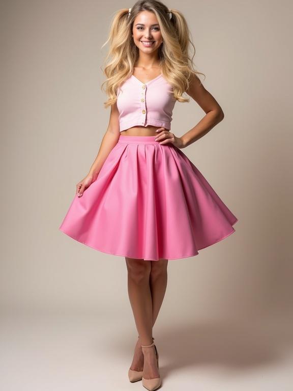 Beautiful woman with blonde twin tails. She wears a pink crop top with buttons and a matching pink skirt. High heels enhance her look. She stands with a smile, showcasing her curves and a feminine style.