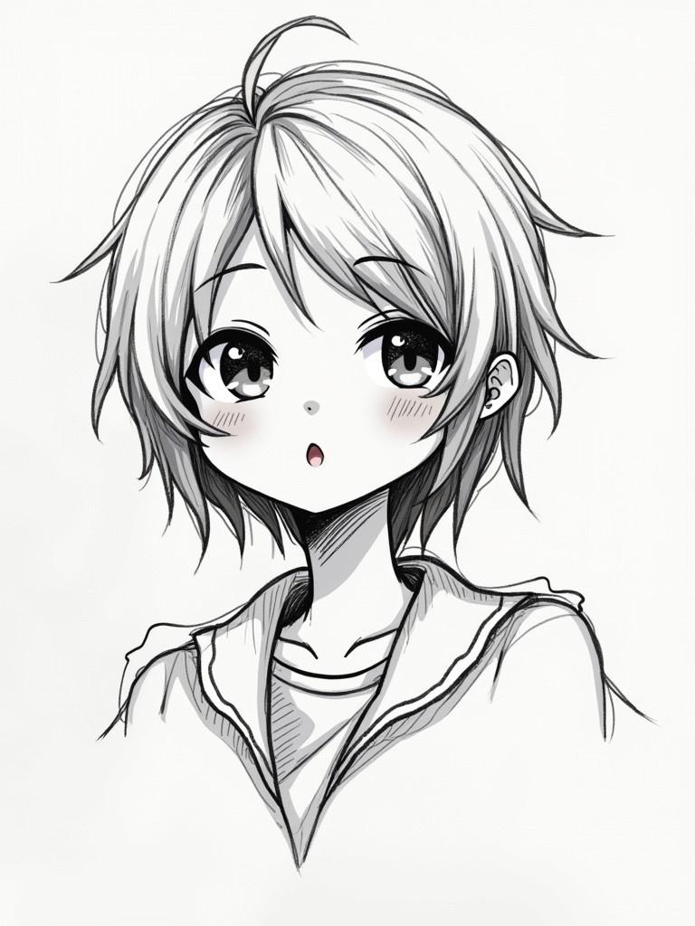 Vector sketch of a character with short spiky hair wearing a hoodie. Minimalistic design in monochrome. Focus on hairstyle and clothing details.