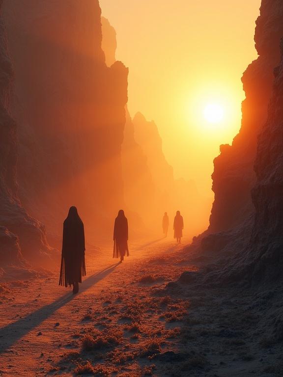 A surreal dreamland landscape. Warm dramatic light from a low sun. Long shadows across detailed terrain with peculiar textures. Abstract elongated figures in motion. Ethereal blurs from long exposure. Intense god rays cut through haze. Dynamic perspective emphasizing depth. Mysterious and awe-inspiring mood. Rich golden and deep purple hues with defined light and shadow.
