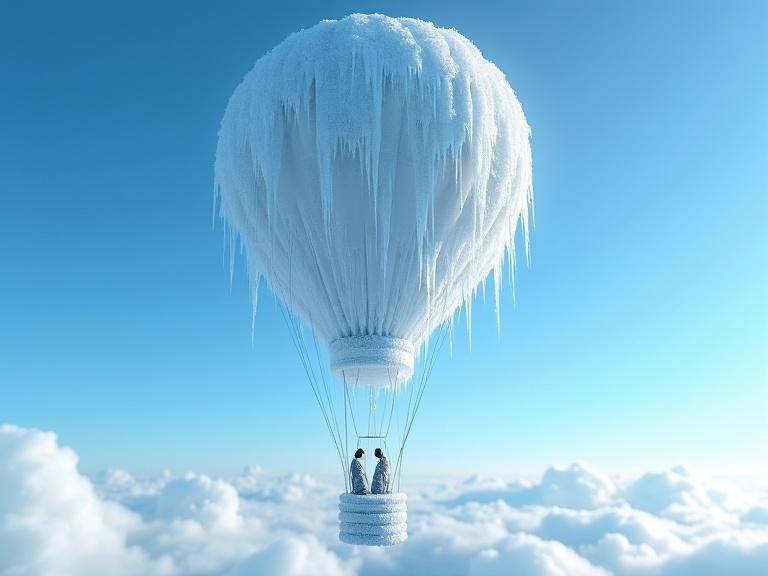 Highly detailed photorealistic image of ice covered hot air balloon floating above clouds. Vivid blue sky. Balloon has icicles and frost on fabric. Two figures encased in ice in basket. Figures frozen in time, with limbs bent and heads tilted. View from below the balloon. Endless clouds creating vastness. Bright contrast between sky and dark balloon.