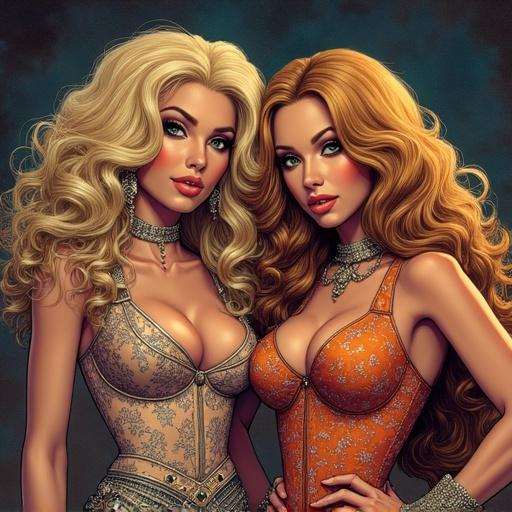Story illustration featuring characters inspired by Pam Grier and Dolly Parton. Depicts a lesbian landlord and a lesson being taught together. Emphasizes fashion, beauty, and empowerment themes.