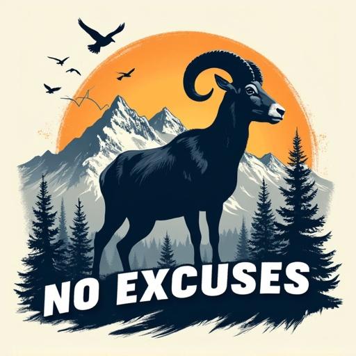 Mountain design features dynamic silhouette of a bighorn sheep against rugged peaks. Birds soar in the background. EKG heartbeat line integrates with mountain theme. Bold text says NO EXCUSES. Graphic represents excitement of trail riding. Captures spirit of mountain.