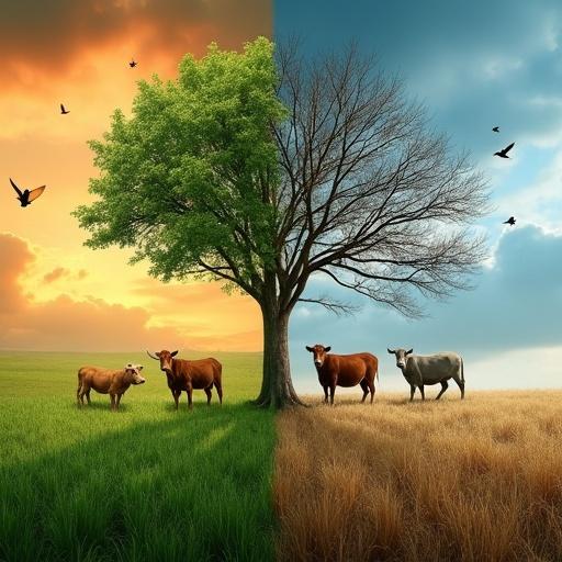 Powerful image representing nature divided into two halves. Left half lush with green grass and warm orange sky. Peaceful cows graze under a healthy tree. Right half dry with cracked earth and dark blue sky. The same tree appears dead on this side with black birds perched on its branches. Strong visual allegory of life and death, abundance and desolation, ecological commentary.