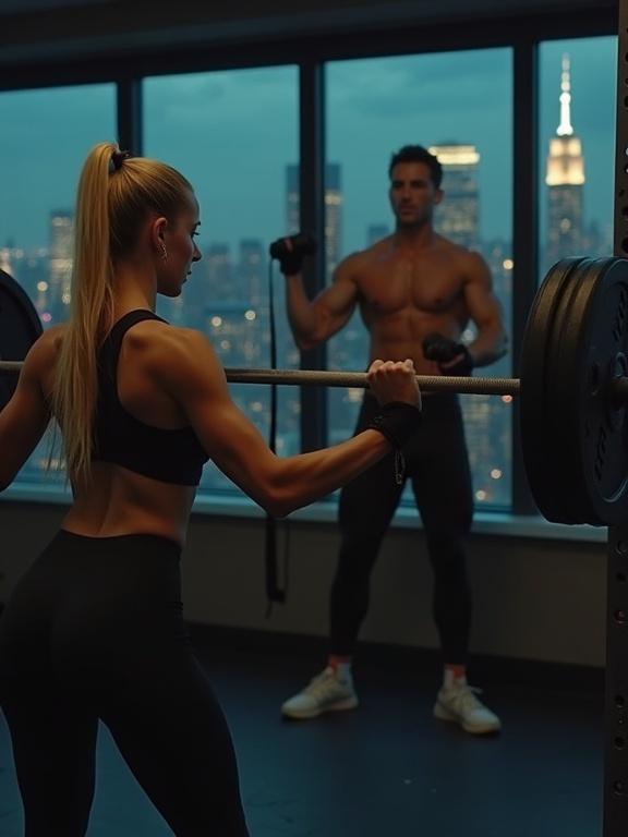 Dimly lit gym with large windows showing NYC skyline at dusk. Blonde woman performs squat with barbell. Confident in fitted gym wear. Man in the background watching while exercising, creating a moment of quiet intimacy. Grounded cinematic realism style.