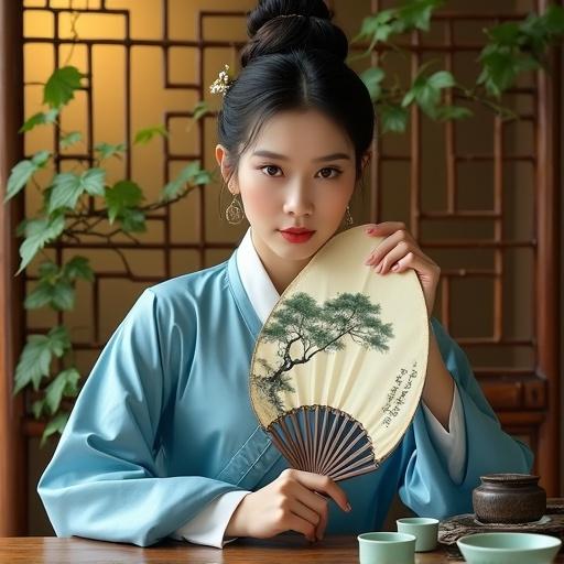A woman in blue silk costume with an updo leans against a bamboo chair holding a silk fan. Behind her, green vines wrap around a wooden frame. Warm light falls from above casting shadows on her clothing and tea sets. The painting style shows the beauty of Oriental women.