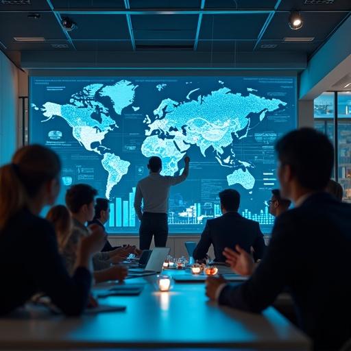 Cinematic depiction of professionals in a modern office setting. Team focused around a large interactive screen. Screen displays graphs and workflows. Atmosphere is collaborative with AI elements. Glowing connections symbolize communication. Faces and hands are consistent and clear. No text or logos. Cinematic style.