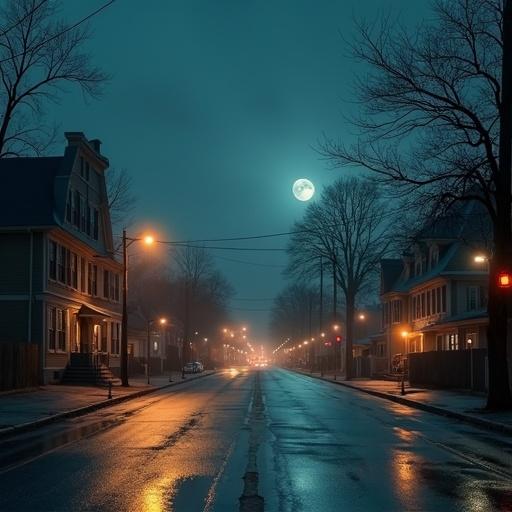 Generate an image of an old 1950's town. The roads are empty and the city is silent in the middle of the night.