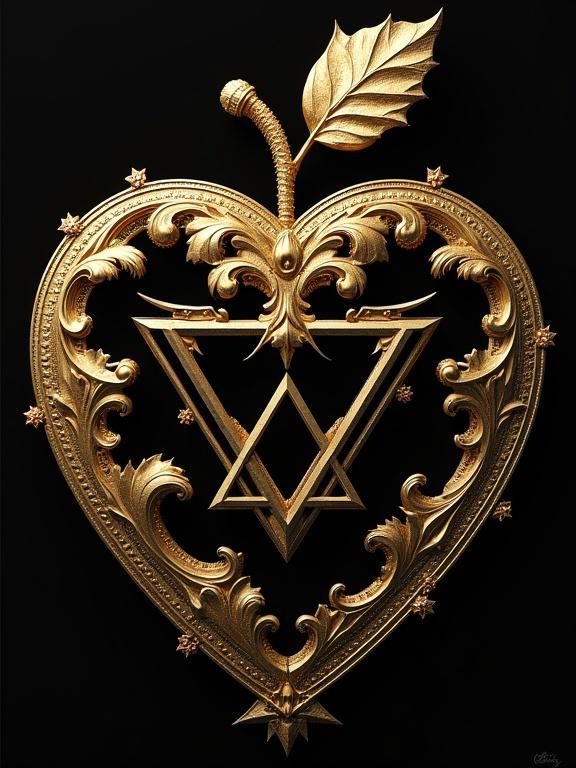 Golden heart-shaped ornament features apple leaf and intricate designs. Central triangle shape reflects elegance. Black background enhances gold color.