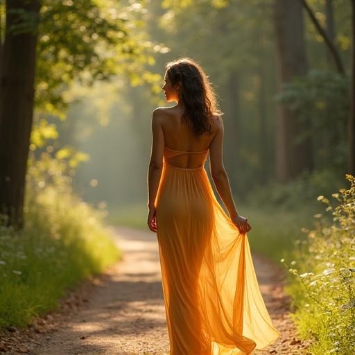 A beautiful woman in a flowing summer dress stands on a forest path. Sunlight shines through trees. Her dress flutters in the breeze. Warm sunlight glistens on her skin. Magical particles float in the air, creating a dreamy vibe.