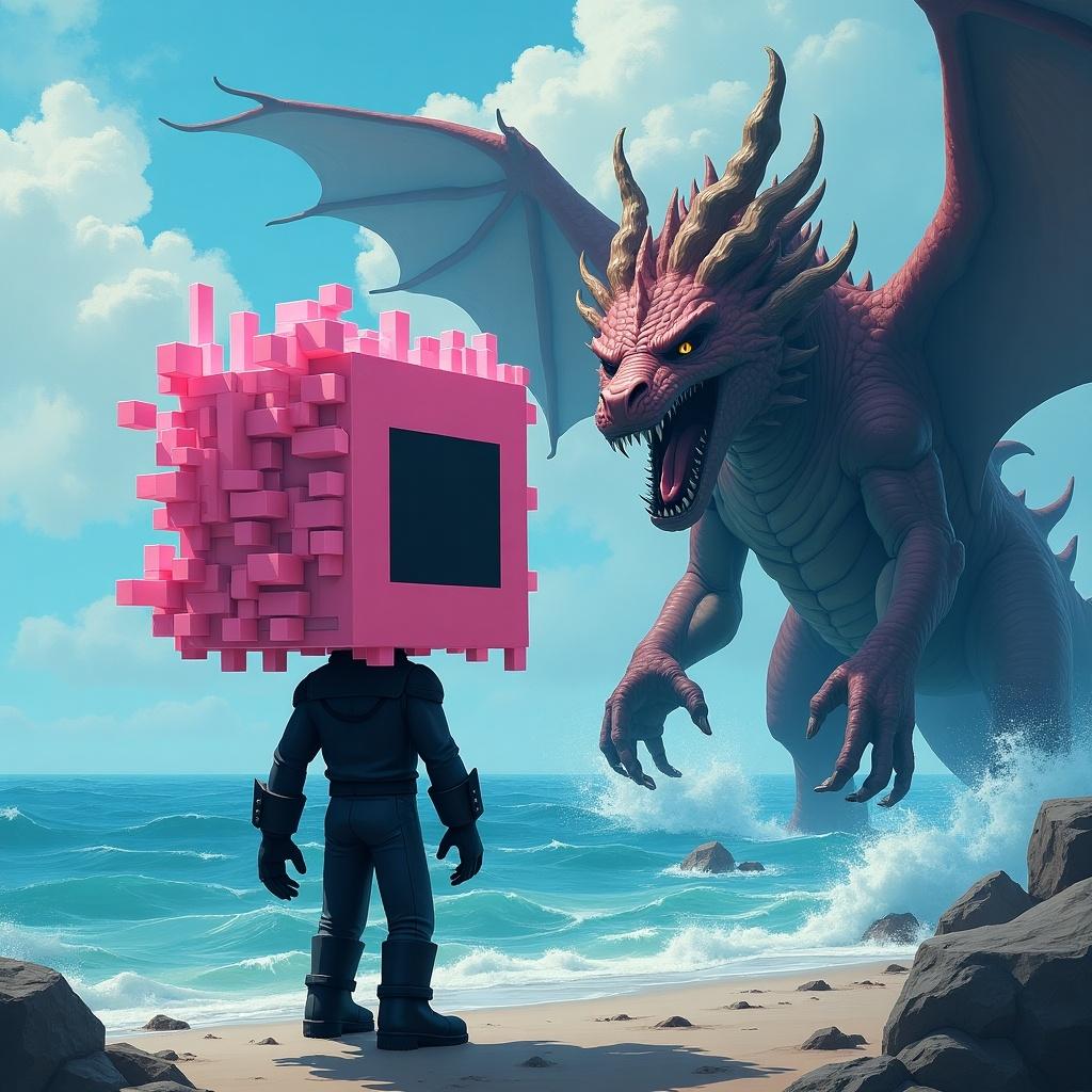 Character with a head made of square shapes in ocean backdrop. Character has powers. Confrontation with dragon-man.