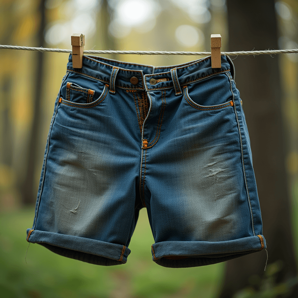 Blue denim shorts hanging on a clothesline in a forest setting.