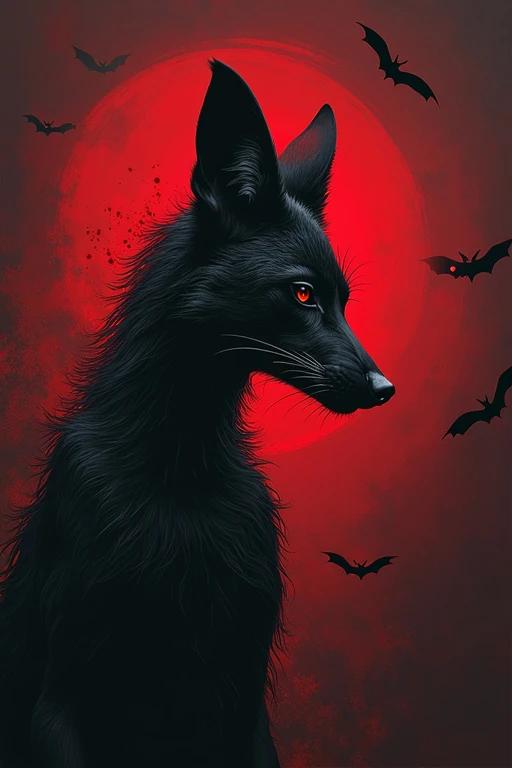 A black jackal stands in profile. The jackal has glowing eyes. A large red moon fills the background. Bats surround the scene lending a spooky vibe. The overall mood is dark and mysterious.