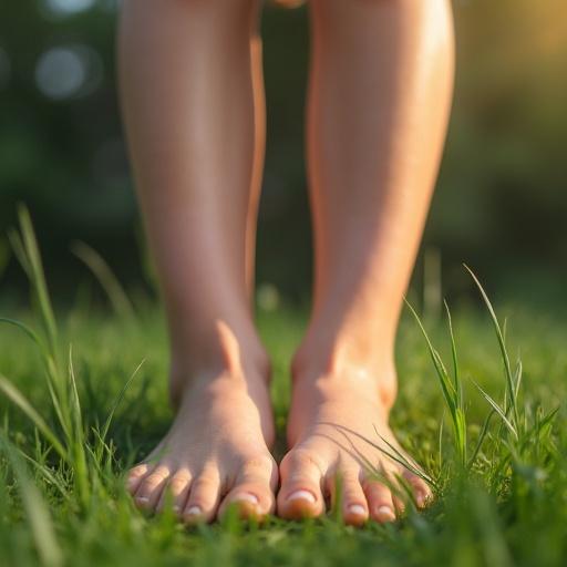 Close-up of a girl's bare feet resting on green grass. Bare soles visible showing sweat. Bright sunlight enhancing details in the environment.