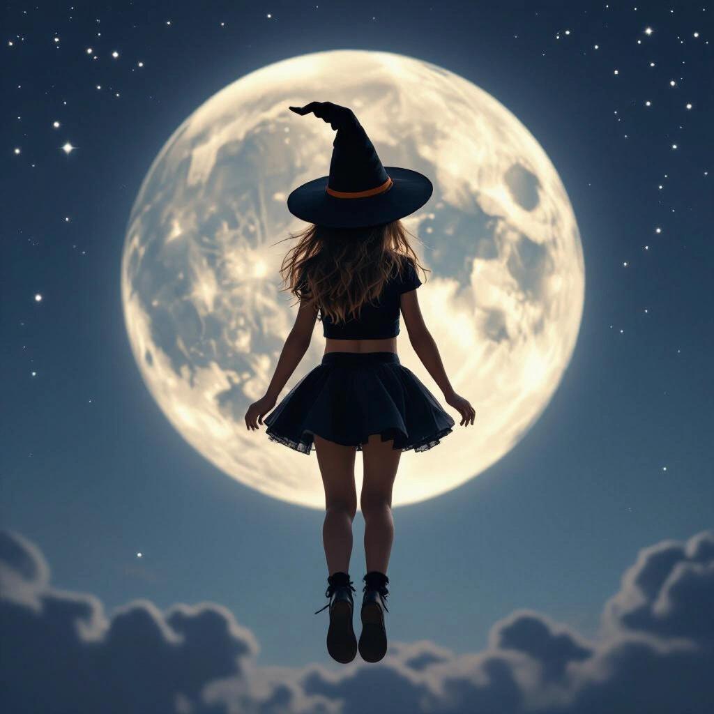 Young girl wearing a witch hat flying towards a full moon in a night sky. The girl is dressed in a crop top and miniskirt. Body and feet off the ground. Moonlight illuminates the scene.