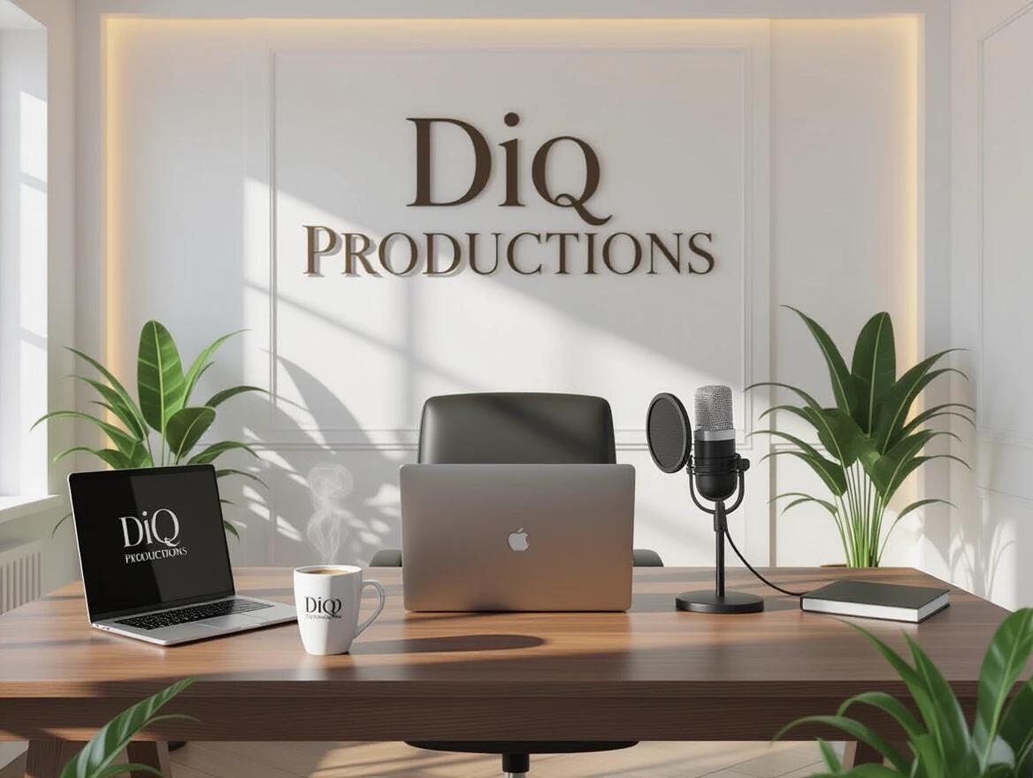 Elegant podcast or YouTube studio with a clean white wall. Wall has 'DIQ PRODUCTIONS' in modern font. Large wooden desk in center. On desk, sleek open laptop, steaming coffee mug with same phrase, professional microphone. Green plants are strategically placed. Soft natural lighting creates a peaceful atmosphere. Hyper-realistic render in 8K resolution.