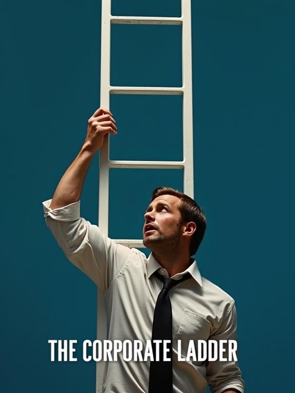Movie poster design featuring a man reaching for a white metal ladder against a dark blue background. He wears a white dress shirt and black necktie. The title THE CORPORATE LADDER is displayed in white at the bottom. Minimalist composition emphasizes struggle and aspiration.