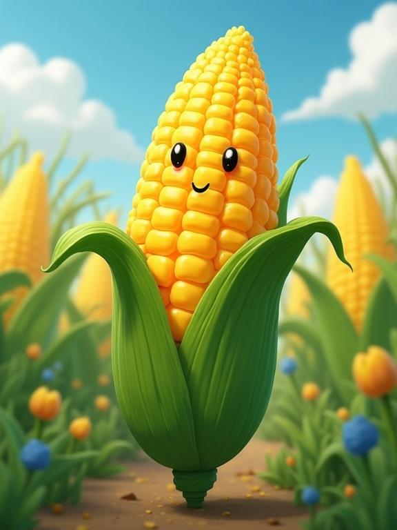 A charming anthropomorphic corn character stands happily in a cornfield. The character is yellow with a cute smile and is surrounded by green leaves. The background features a bright blue sky and fluffy clouds. The style is cel-shaded and painterly, reminiscent of 3D anime visuals.