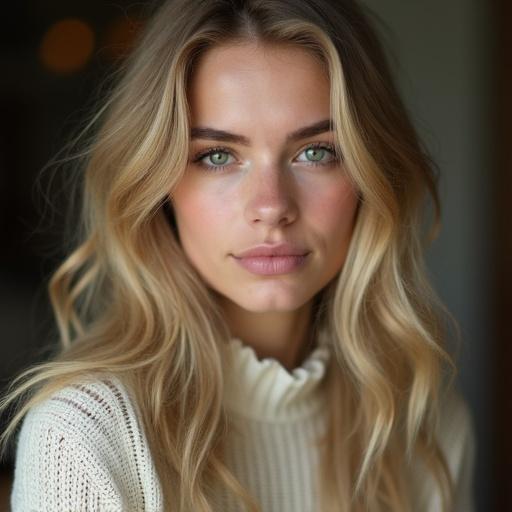 Close-up portrait of a young woman with blonde hair and green eyes. She wears a cream ribbed sweater. The lighting is soft, focusing on her facial features. Natural and casual look.