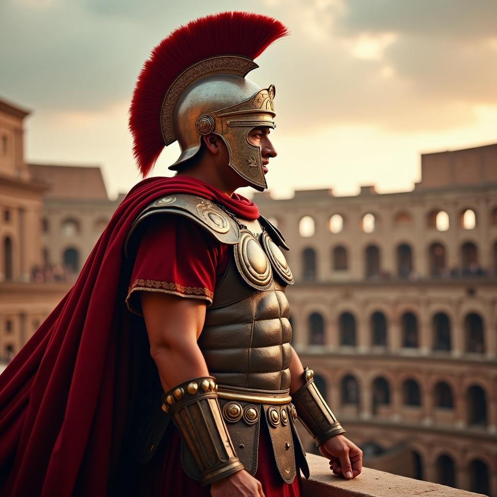 Image of a Roman soldier in full armor standing in front of the Colosseum at sunset. Soldier wears a red cape and decorative helmet. Background shows the structure of the Colosseum, highlighting its historical significance.