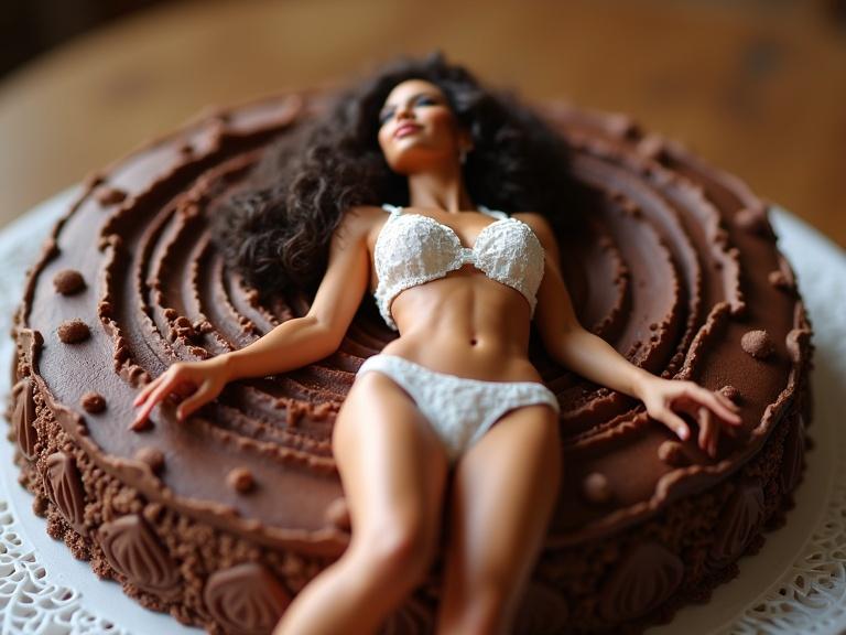 A doll in a white chocolate filigree bikini laying on a gigantic chocolate cake with cream topping. Highly detailed illustration of dessert art.