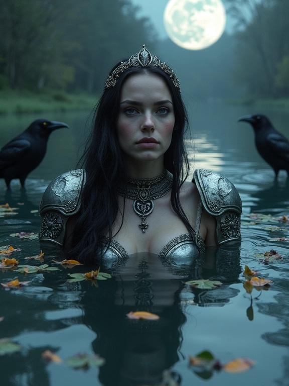 Celtic goddess Morrígan in a moonlit lake. Figure in silver armor. Surrounded by crows. Cannabis petals floating on water. Soft moonlight creating a mystical ambiance.