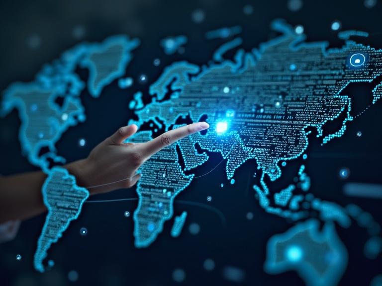 Digital representation of a world map with a hand pointing at data. The map is illuminated with glowing elements and displays various data points. Technology theme is emphasized through the blue and white color scheme. Visual interaction signifies navigation or data selection.