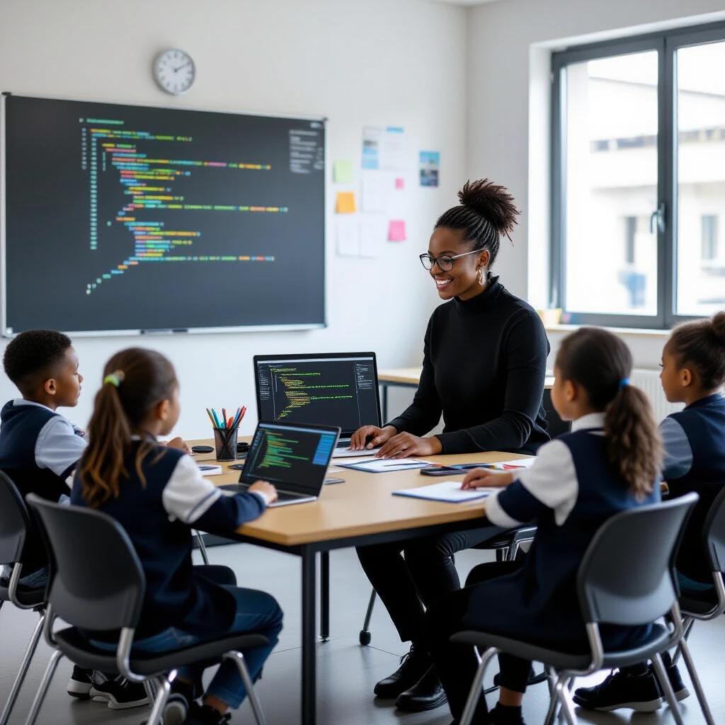 Classroom scene in a private primary school focused on AI and coding. Teacher engages with students using laptops. Wall displays coding concepts and colorful notes. Students are focused and taking notes. Modern learning environment with a large blackboard.