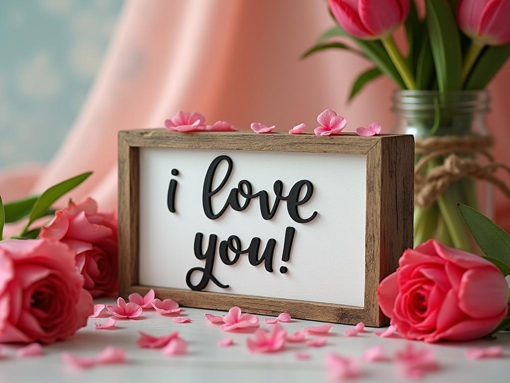 A cozy and romantic setting featuring a sign that says "I LOVE YOU!". The sign is made of rustic wood, with elegant script writing that expresses affection. Surrounding the sign, there are soft, warm colors in the background to enhance the romantic feel. Delicate flowers, like roses or tulips, sprinkle around the scene to add a touch of cuteness. The overall atmosphere is inviting, perfect for a sweet gesture of love.