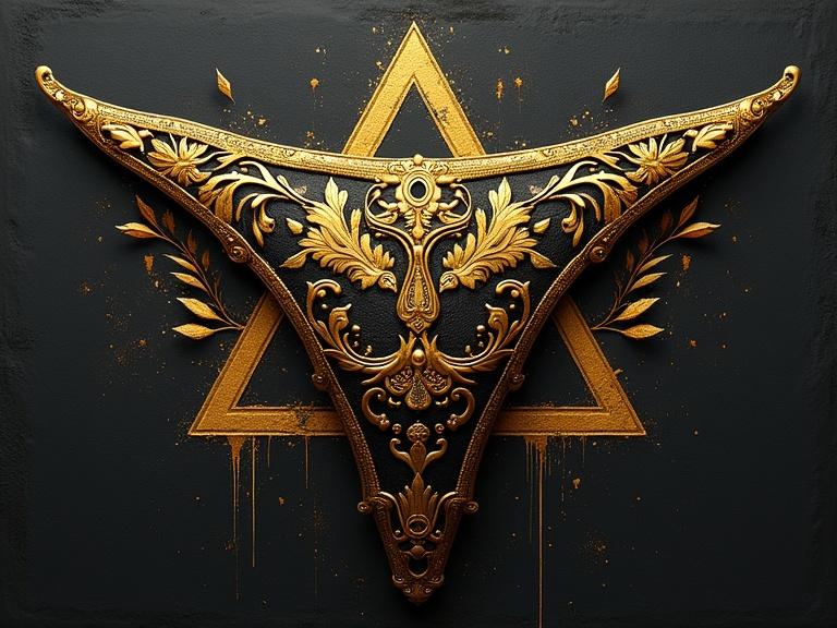 Intricate gold ornament in a triangle shape with a black background. Decorative elements include floral patterns. Artistic and detailed design.