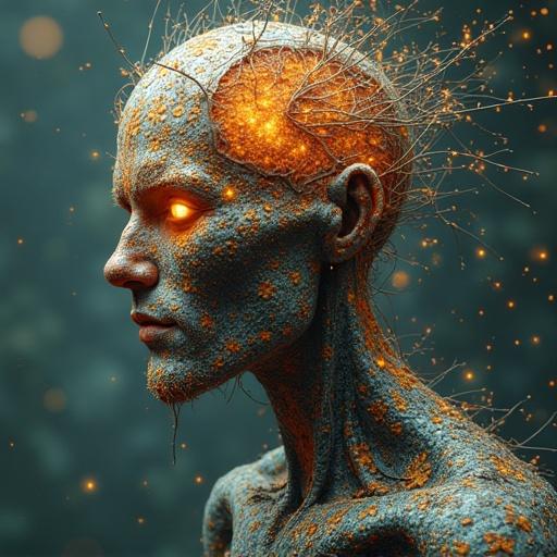 A surreal figure with organic textures. The head features glowing elements, symbolizing intelligence and creativity. The background is an abstract, dreamy scene, emphasizing the head's striking features.