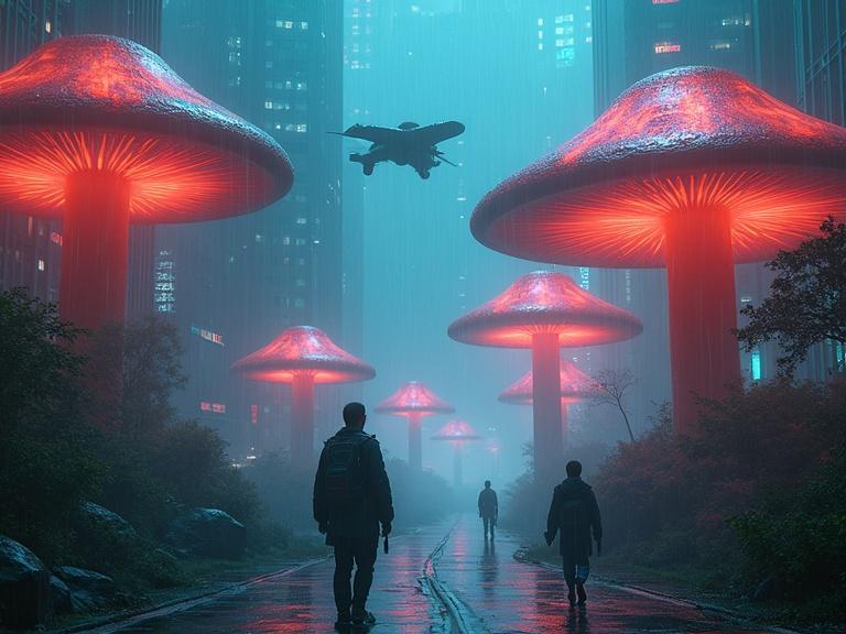 A cyberpunk city features giant glowing mushrooms and neon reflections. Flying vehicles move between the mushrooms. Streets are populated by diverse futuristic residents, all surrounded by thick fog and rain. Atmosphere is gloomy yet vibrant. Scene has dramatic lighting. Style is cinematic and inspired by notable artists.