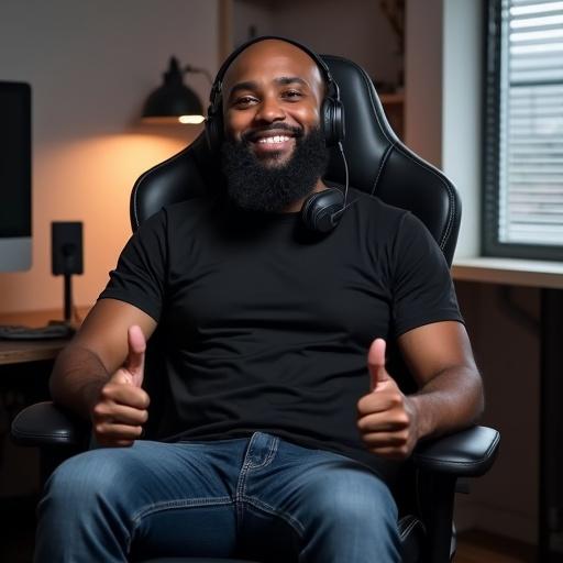 Amateur photo of a Somali man sitting on a gaming chair. He wears a black t-shirt and jeans. He has a headset on. He gives a thumbs up while smiling. The background features a home office room.