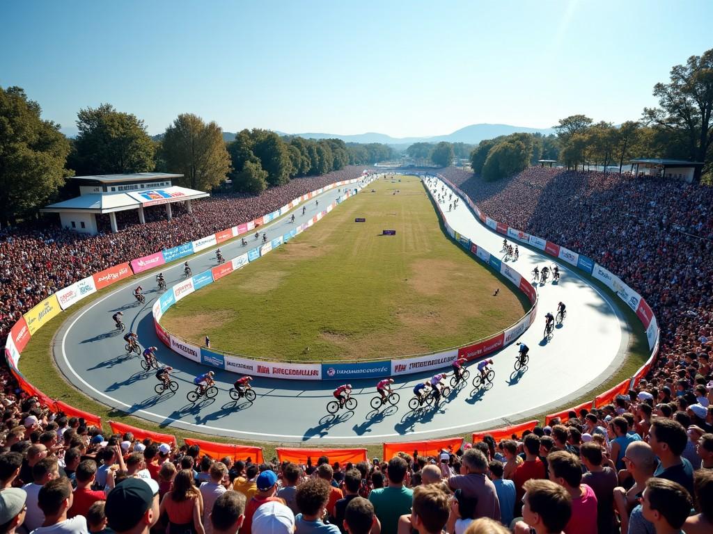 An aerial view of a cycling championship circuit featuring U-turns. The scene is buzzing with activity as cyclists race around a closed circuit. Spectators fill the stands, creating an energetic atmosphere. Colorful advertising banners line the circuit's edges, promoting various brands. The setting is perfect for an outdoor sports event, under clear skies and bright sunlight.