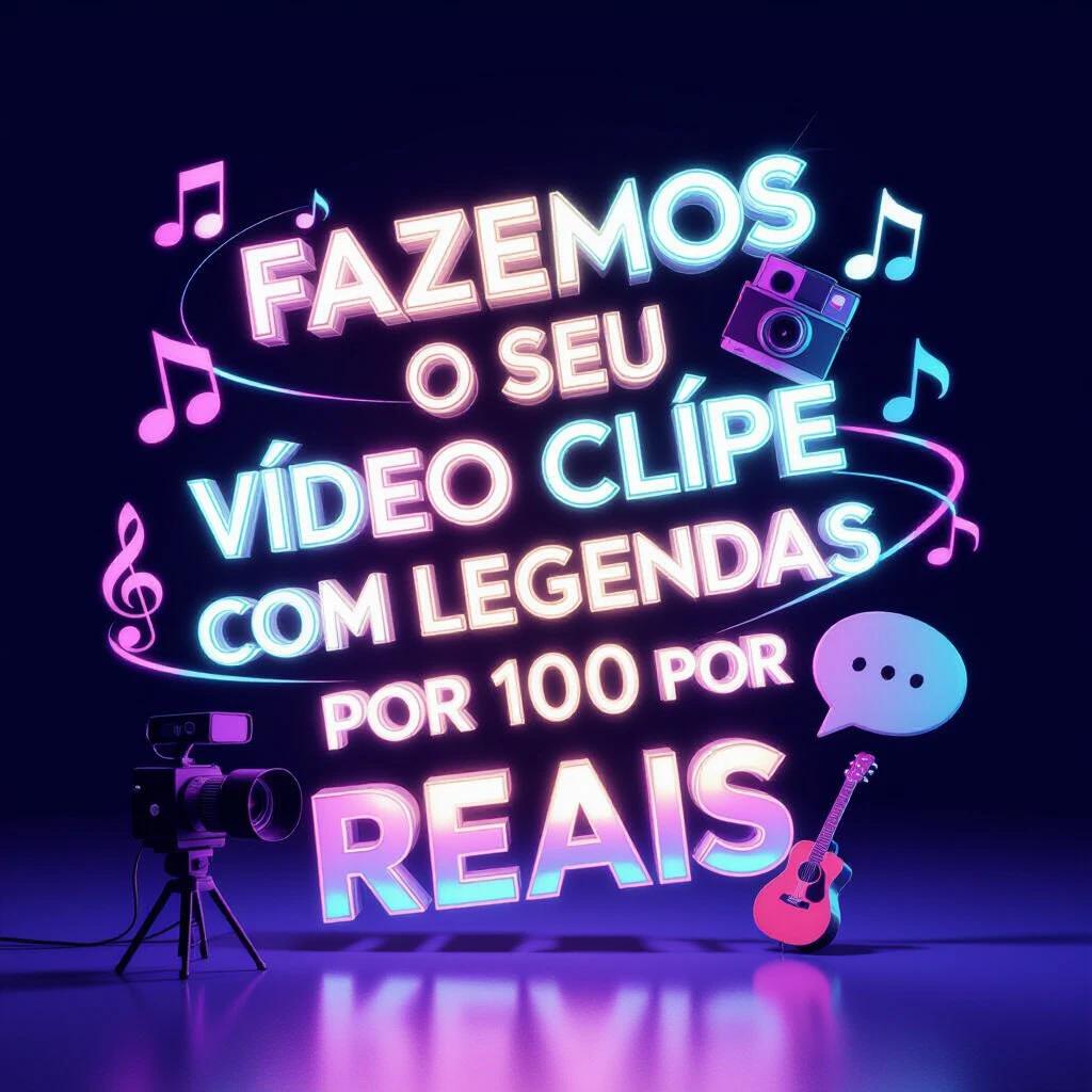 Digital creativity explosion. Vibrant 3D holographic text stating 'FAZEMOS O SEU VÍDEO CLIPE COM LEGENDAS POR 100 REAIS'. Text pulsates with neon energy. Surrounding elements include a cinema camera, musical note, and speech bubble, all in translucent glass. Background features a dark cybernetic space with blue and purple laser grids and floating digital dust. Lighting highlights with lens flares and a cinematic atmosphere. Detailed digital art, 8K rendering.