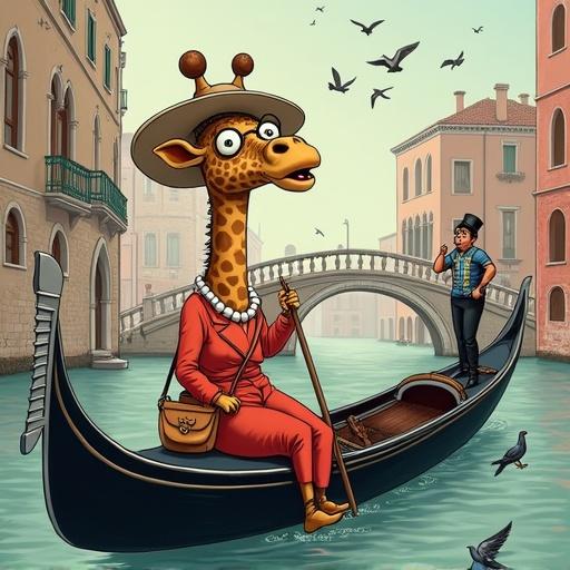 Giraffe in vintage outfit rides gondola in Venice. Giraffe wears oversized hat, pearl necklace, glasses. Confused gondolier in background. Low stone bridge nearby. Scene full of slapstick humor, quirky expressions, characterized body language, colorful style.